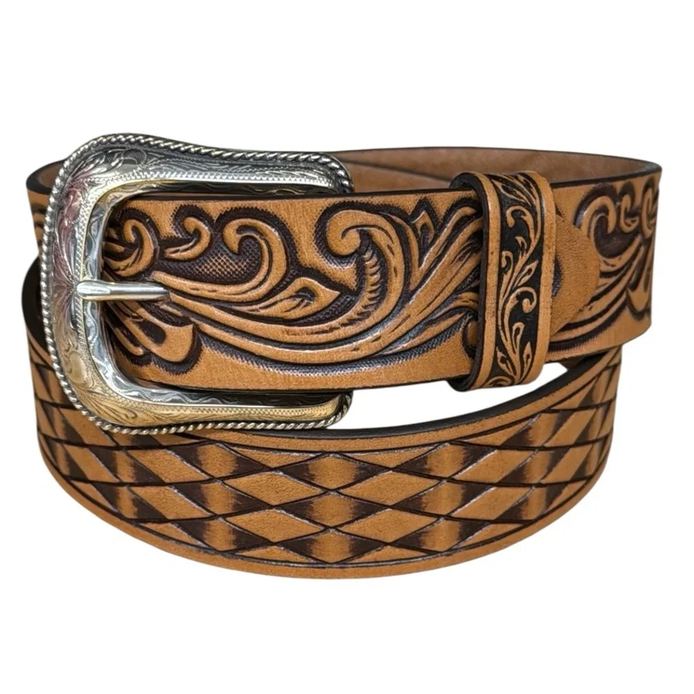 NWT Justin Western Scroll Tooled Brown Leather w/Silver Buckle #BR5029 Mens 34